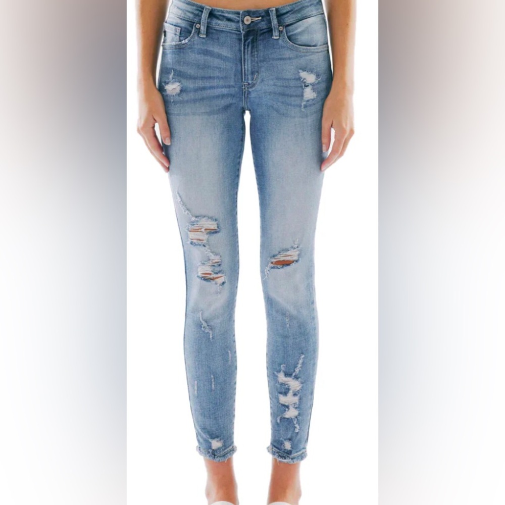 Kancan Light Wash Distressed Mid Rise Ankle Jean